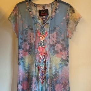 Johnny Was Biya Teal Mesh Overlay Dress Floral